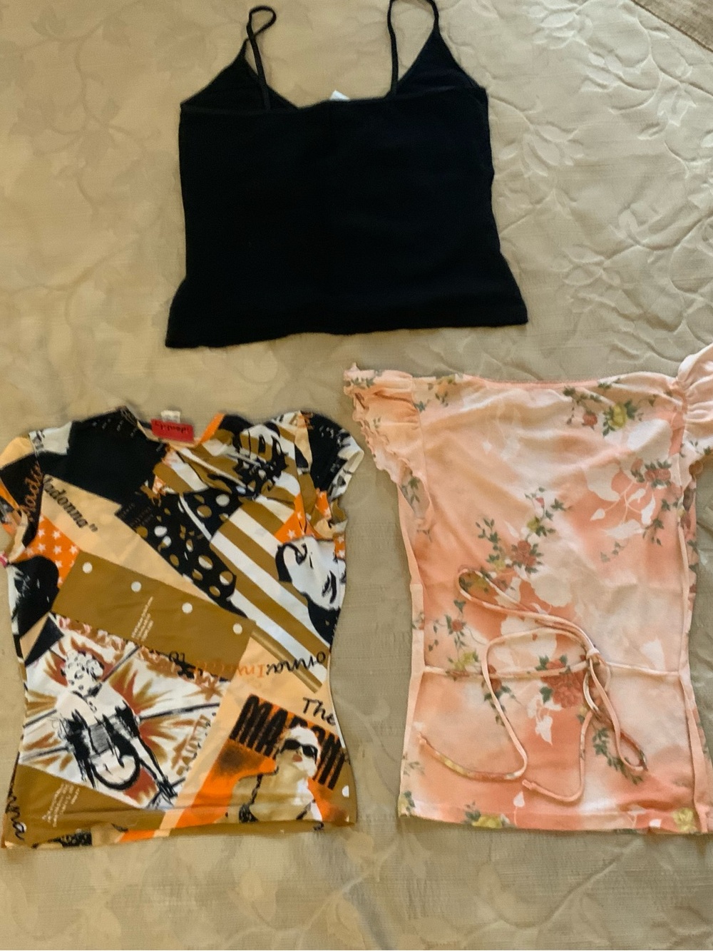 Lot of 3 Vintage Y2K Tops Size S 10 Black Cami Identity Graphic Floral Flutter S